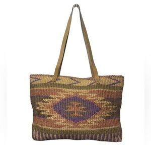 Vintage Boho Aztec Pattern Jute Woven Rope Tote with Leather Straps